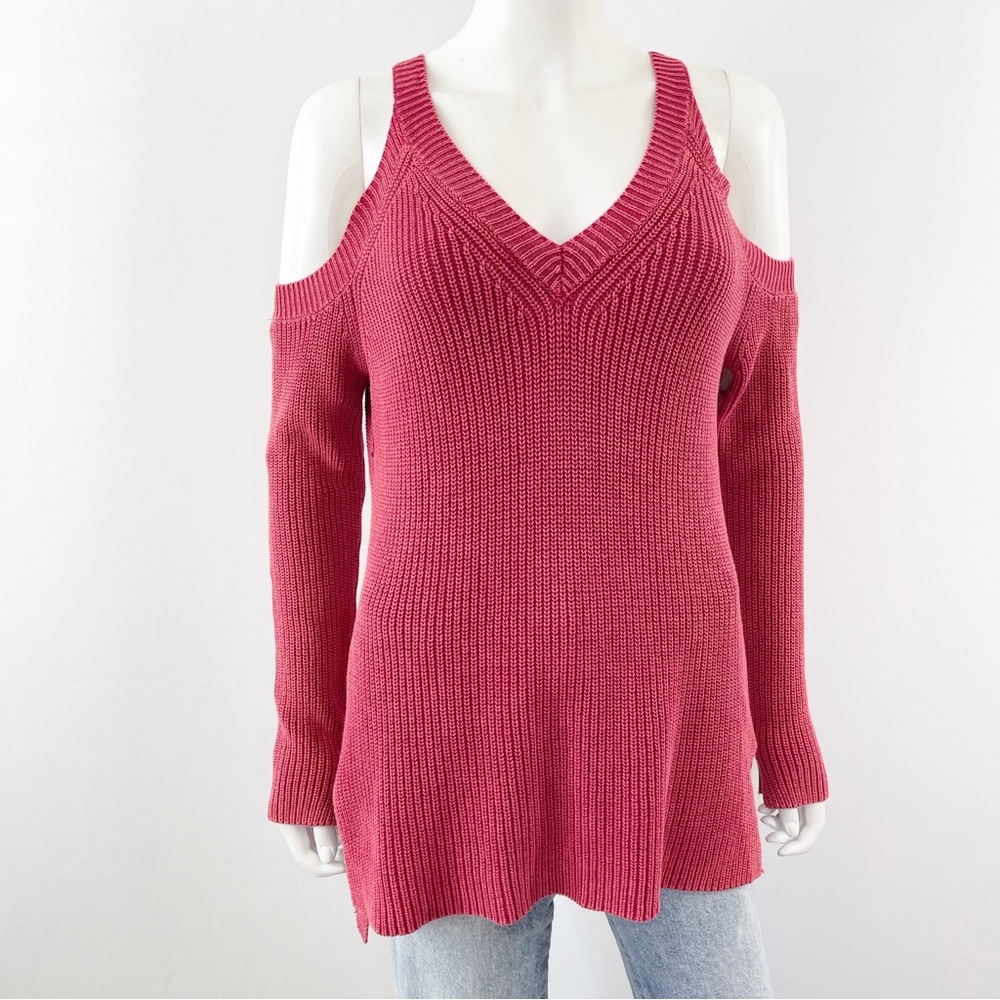 Cotton On Berry Red Cold Shoulder Sweater Size S V-Neck Oversized Rib Knit